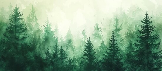 Illustration watercolor of green foggy pine forest fir landscape background. AI generated image - 734805855
