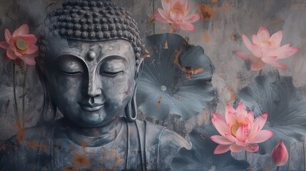 Buddha statue with water lotus dramatic misty background. AI generated image