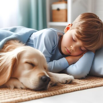 boy sleeps with the dog. pets and children. child with pet. animal care