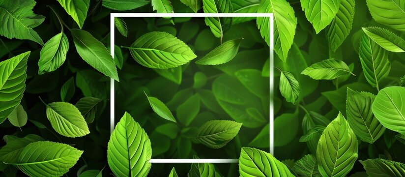 Green leaves and square frame of spring backdrop background. AI generated image