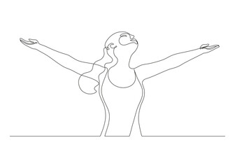Happy woman raising hands in an exercise of relax and breathing, one line continuous drawing. Person stretching arms as symbol of freedom and openness to peace. Vector