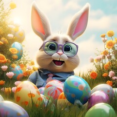 Happy cute Easter bunny with sunglasses is jumpi





