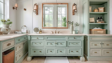  a green bathroom vanity with white cabinets - obrazy, fototapety, plakaty
