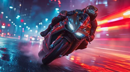 Fotobehang A motorcyclist rides fast in neon lights. © Nikolay
