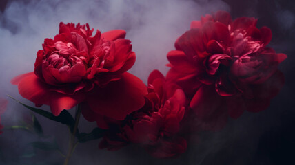 Gorgeous deep red peonies on a dark background. Floral background. Space for text or design