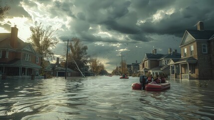 Fototapeta premium Residential area flooded: houses submerged, people stranded, rescue efforts underway