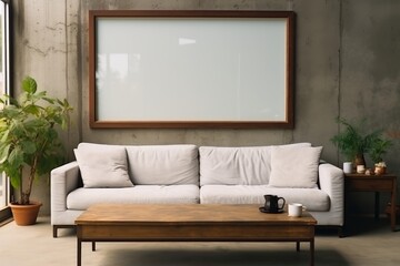 A large mockup featuring a wood frame with glass, set within a rustic living room ambiance, evoking a blend of modernity and rustic charm in its design presentation.