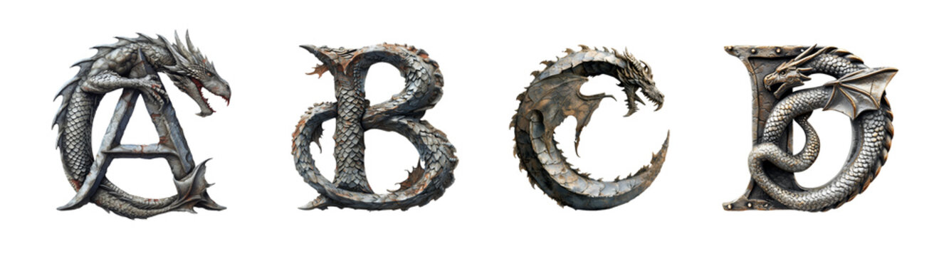 Letters A, B, C, D in dragon style. Unusual fantasy font on the white background.	