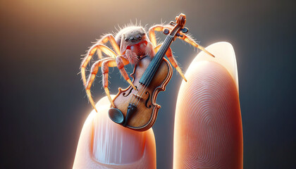 A whimsical image of a spider playing a violin perched on a human finger, showcasing a surreal blend of macro photography and digital art.Digital art concept. AI generat - obrazy, fototapety, plakaty