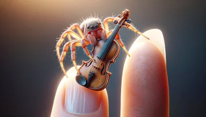 Foto op Plexiglas A whimsical image of a spider playing a violin perched on a human finger, showcasing a surreal blend of macro photography and digital art.Digital art concept. AI generat © Czintos Ödön