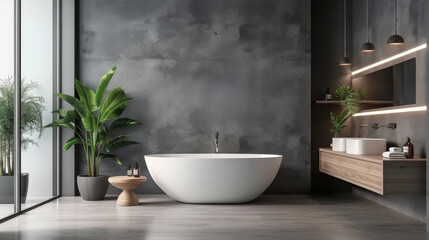 Fototapeta na wymiar modern bathroom with gray walls and wooden shelves 