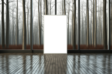 A PNG file presented as a large mockup against a glass wall with a view of the forest, blending the indoors with the outdoors to create a harmonious and inviting atmosphere for viewers.