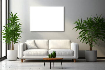 A mockup placed above a couch in a lounge, creating a visually appealing arrangement that invites viewers to engage with the displayed content.