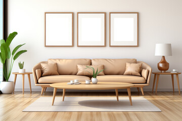 Three blank mockups positioned in a sunlit living room, offering ample space to showcase designs or artwork against a backdrop of natural light, creating a bright and inviting ambiance.