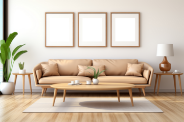 Three blank mockups positioned in a sunlit living room, offering ample space to showcase designs or artwork against a backdrop of natural light, creating a bright and inviting ambiance.