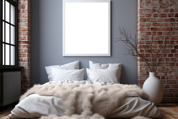 A mockup featuring a white frame positioned within a bedroom, adding a touch of simplicity to the room's decor while allowing the displayed content to stand out effectively.