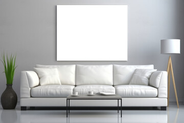 A mockup positioned above a couch within a lounge setting, providing a focal point for viewers to engage with the displayed content comfortably.
