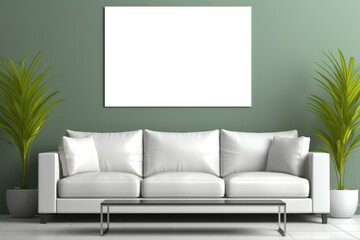A mockup canvas positioned on a green wall above a white couch, creating a stylish contrast between the vibrant backdrop and the minimalist furniture.
