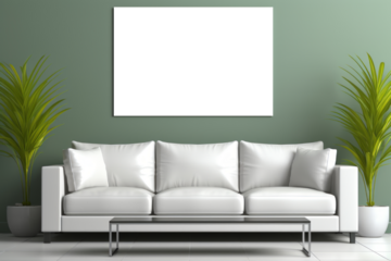 A mockup canvas positioned on a green wall above a white couch, creating a stylish contrast between the vibrant backdrop and the minimalist furniture.
