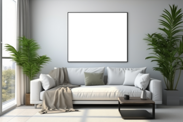 A mockup positioned above a couch in a sunlit living room, utilizing natural light to enhance the presentation, creating a cozy and inviting atmosphere for showcasing artwork.