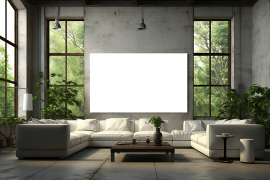 A PNG file featuring a large mockup displayed on a wall within a lounge area, creating a luxurious and modern setting ideal for showcasing artwork with sophistication and style.
