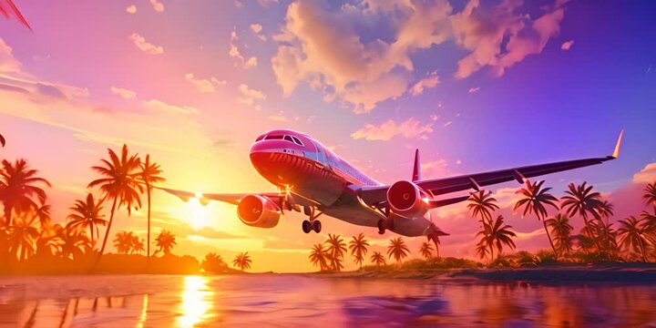 Airplane flying above palm trees in clear sunset sky with sun rays. Concept of traveling, vacation and travel by air transport 4K Video