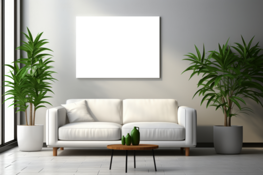 A mockup placed above a couch in a lounge, creating a visually appealing arrangement that invites viewers to engage with the displayed content.
