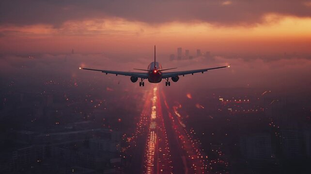 An airplane soars through the city sky, gracefully navigating with its wings and leaving behind a trail of white against the backdrop of shimmering city lights at night.