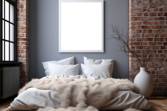 A mockup featuring a white frame positioned within a bedroom, adding a touch of simplicity to the room's decor while allowing the displayed content to stand out effectively.