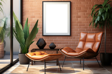 A mockup featuring a black frame, displayed on a striking red brick wall, creating a bold and...