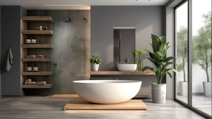 Fototapeta na wymiar modern bathroom with gray walls and wooden shelves 