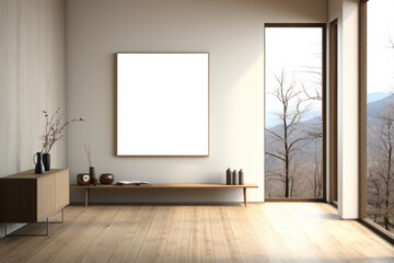 A mockup featuring a thin wood frame, set in a sunlit room overlooking a scenic mountain view, harnessing the natural light to enhance the presentation.