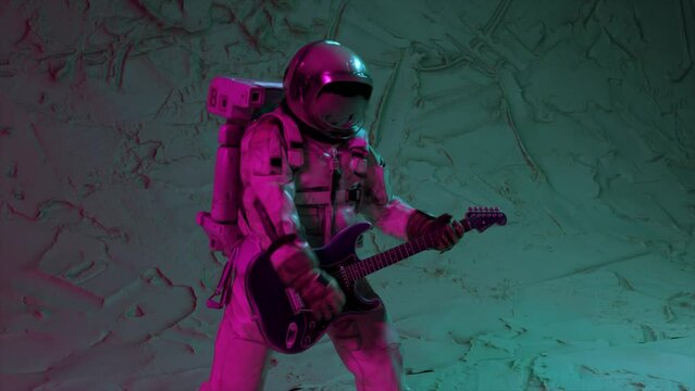Space concept. Astronaut musician playing the guitar. Flashing neon pink blue light. 3d animation of a seamless loop.