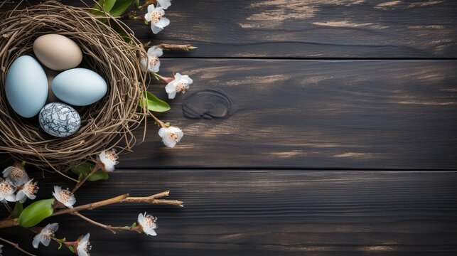 Flat lay easter composition with branches and eggs on a wooden background