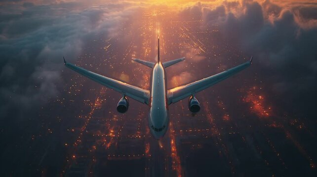 Aircraft gracefully cruises above the cityscape, its wings slicing through the sky and forming a white trail. Amidst the twinkling city lights at night, the aerial view crafts a breathtaking panorama,