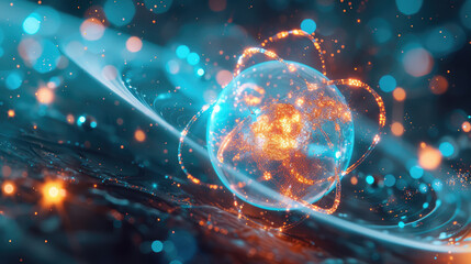 Digital illustration of an atom with electrons orbiting, representing atomic structure and quantum physics in a cosmic background.