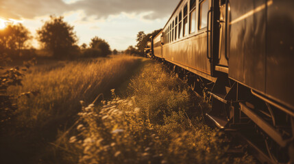A vintage steam train chugs through the countryside, evoking nostalgia for a bygone era