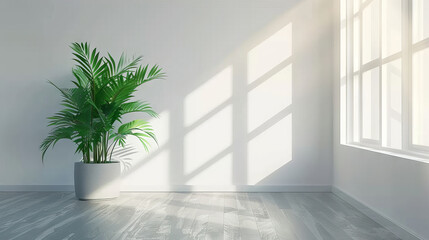 white empty room with shadow  window and green plant
