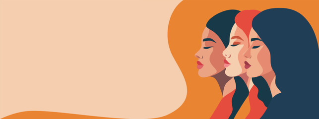 Vector bright banner with place for text for International Women's Day, women of different cultures and nationalities. Concept of the movement for gender equality and women's empowerment
