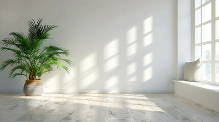 Fototapeta na wymiar white empty room with shadow window and green plant