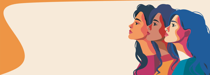  Vector bright flat space for text banner for International Women's Day, women of different cultures and nationalities stand together. Concept of the movement for gender equality women's empowerment