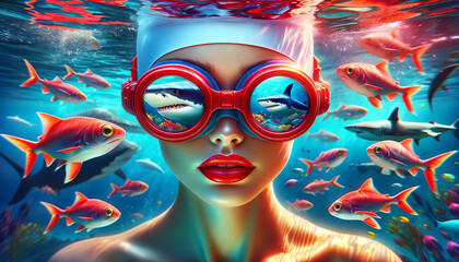 Vivid underwater portrait of a woman wearing large goggles that reflect a shark and coral reef, surrounded by fish, blending realism with imaginative art.Shark danger concept. AI generated.