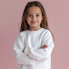Kid Girl wearing a white sweatshirt Mockup on light pink background cute