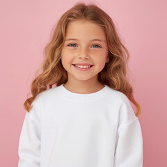 Kid Girl wearing a white sweatshirt Mockup on light pink background cute