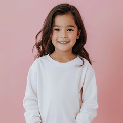 Kid Girl wearing a white sweatshirt Mockup on light pink background cute