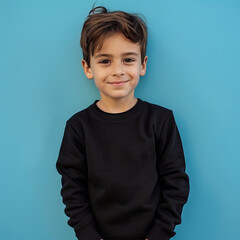 Kid Boy wearing a black T-Shirt Mockup on blue background isolated cute
