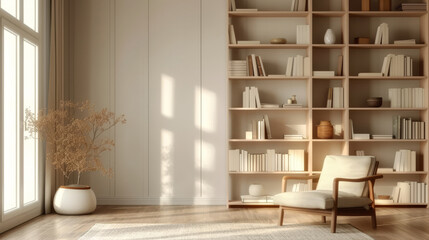 Fototapeta na wymiar ehite empty room with bookshelves and chair