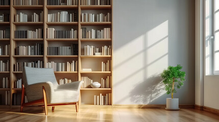 Fototapeta na wymiar ehite empty room with bookshelves and chair