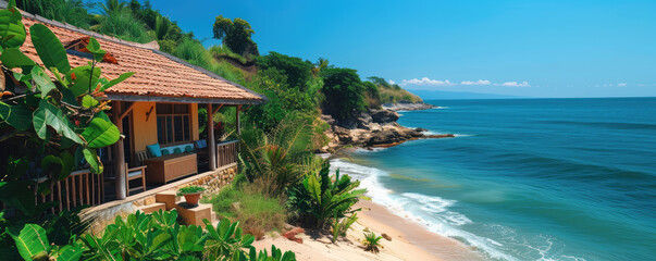 Fototapeta premium Secluded beach house nestled in tropical greenery overlooking a serene blue ocean and private sandy beach.