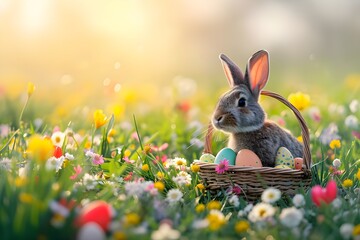 sun rises in the morning a cute easter bunny hol - obrazy, fototapety, plakaty